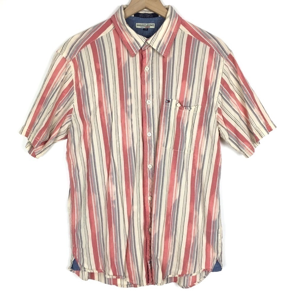 TOMMY HILFIGER DENIM Shirt Button Up Short Sleeve Tie Dye Stripe Beach Large